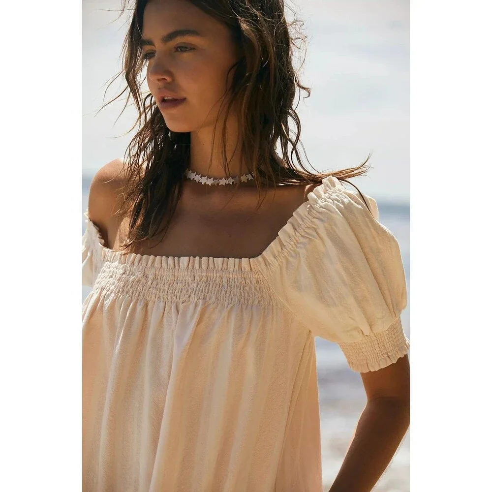 Free People Free Est Mila Mini Dress Smocked Puff Sleeves Striped XS 287944
